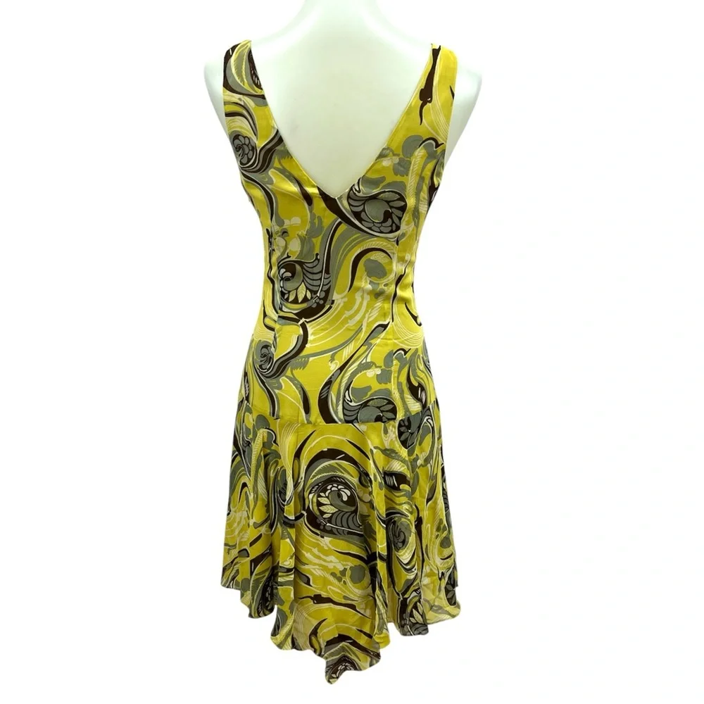 Vintage BCBG Maxazria Y2K Chartreuse Psychedelic Paisley Silk Art Deco Dress